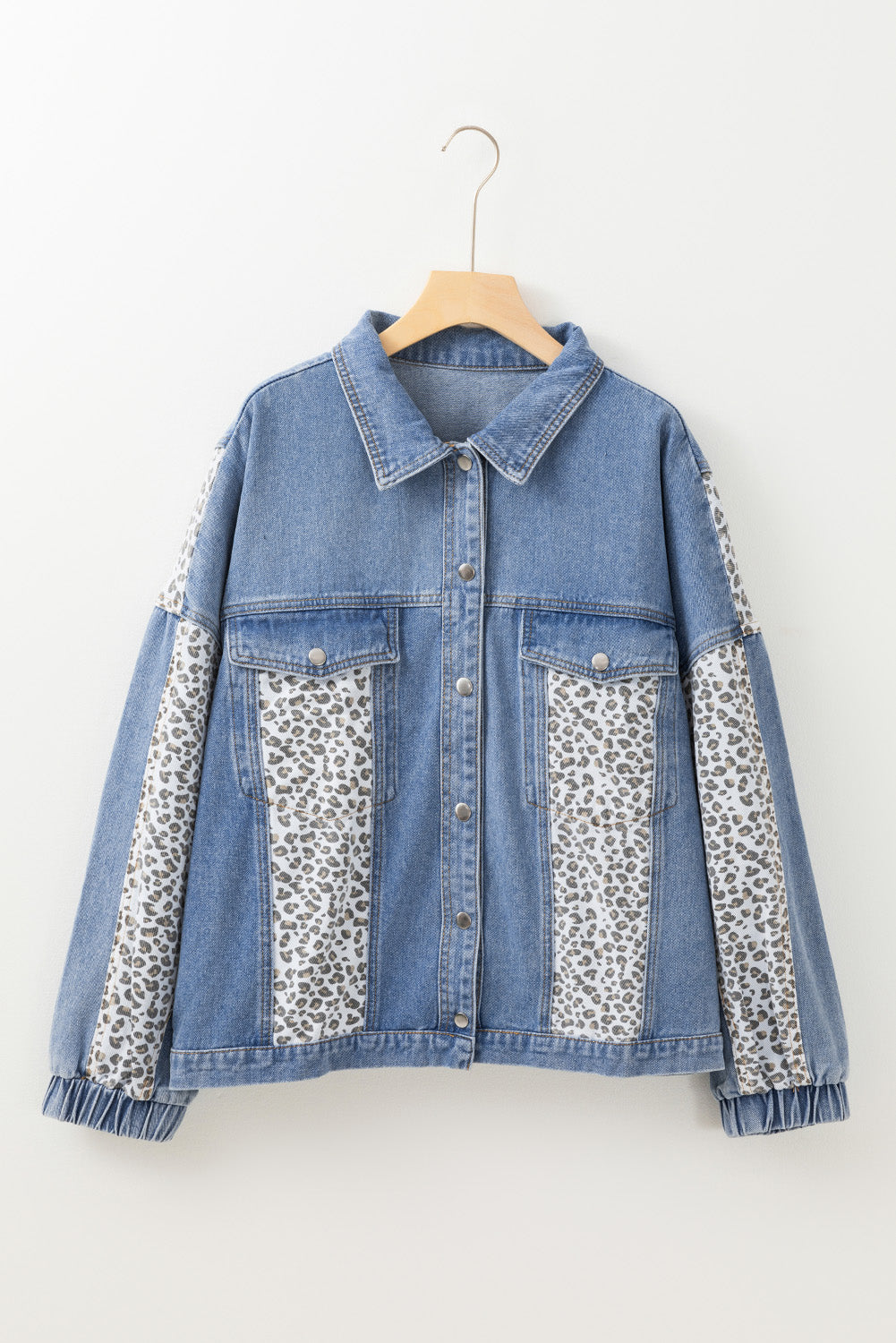 Beau Blue Leopard Patchwork Flap Detail Plus Size Denim Jacket Beagle Boutique Fashion Outlet