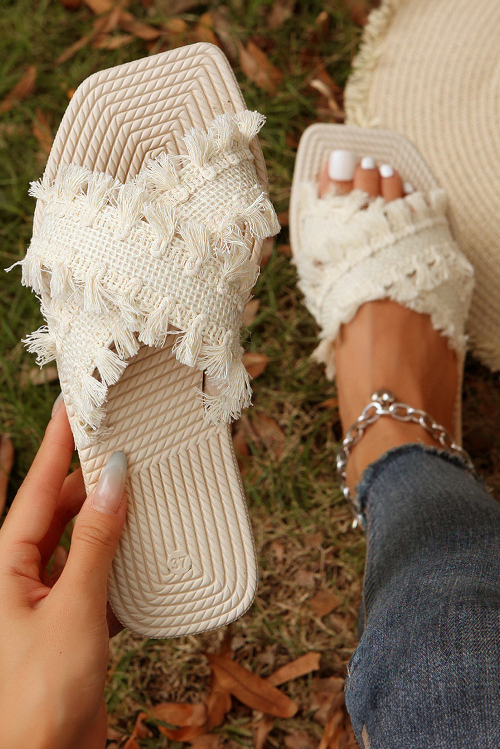 Beige Tassel Woven Crossed Straps Flat Sandals BB Fashion Outlet