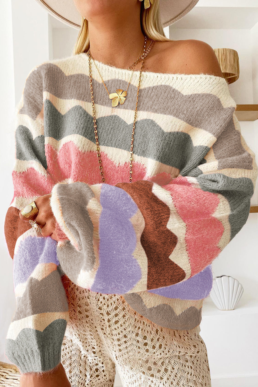 Grey Wave Striped Balloon Sleeve Drop Shoulder Sweater eAura