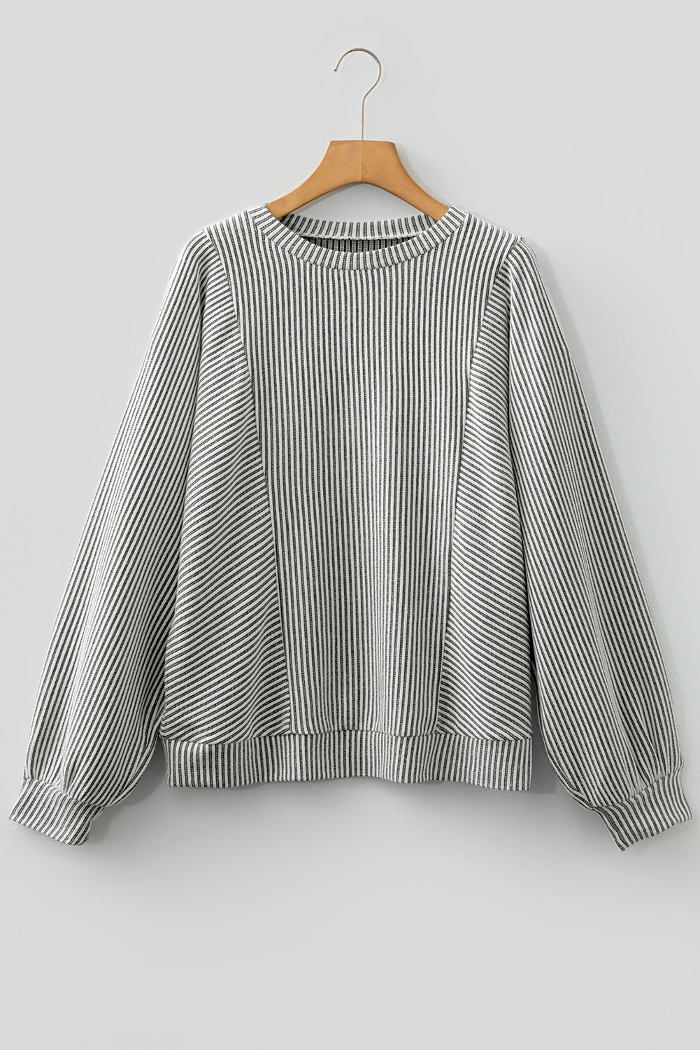 Grey Ribbed Round Neck Long Lantern Sleeve Top - eAura