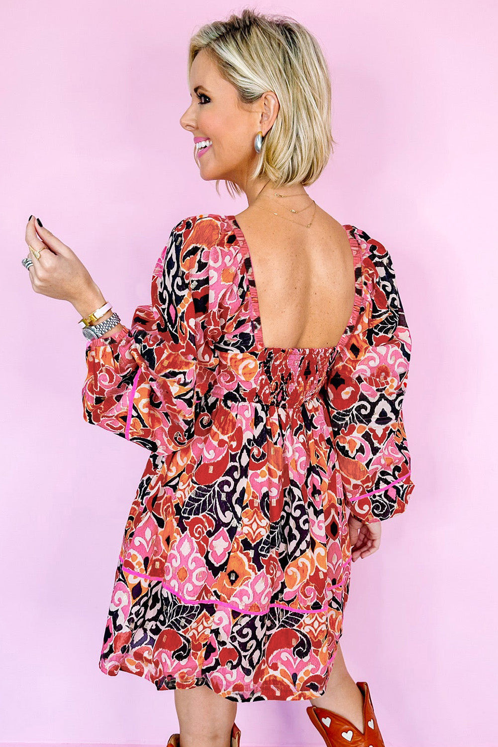 Pink Bohemian Square Neck Puff Sleeve Mini Dress eAura