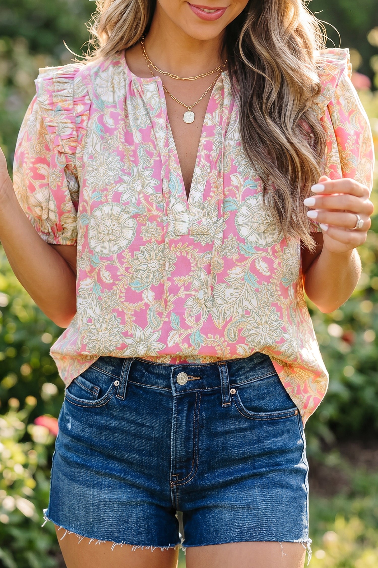 Tie V Neck Floral Short Puff Sleeve Blouse – Pink