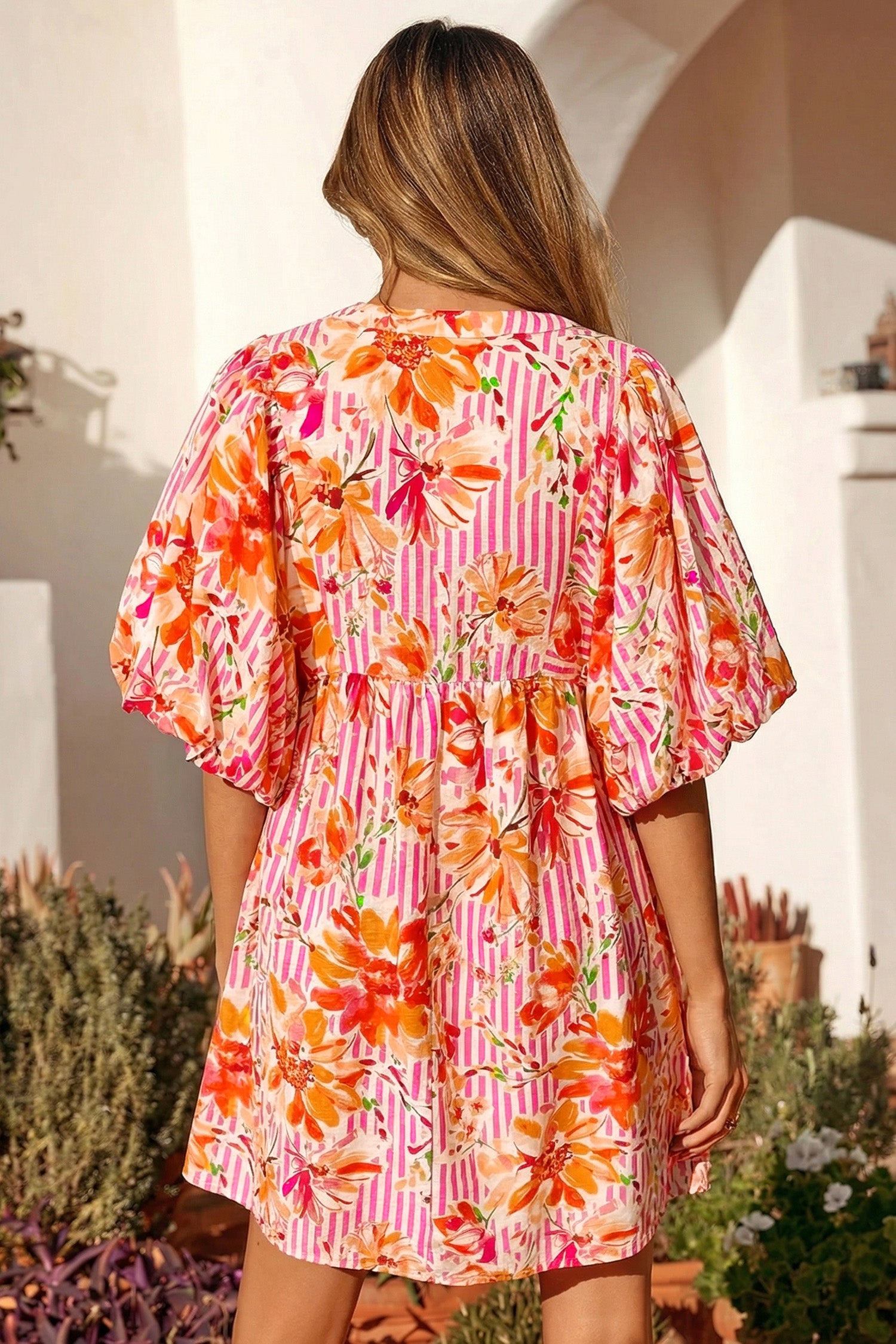 Striped Floral Print Tie Neck Puff Sleeve Babydoll Mini Dress