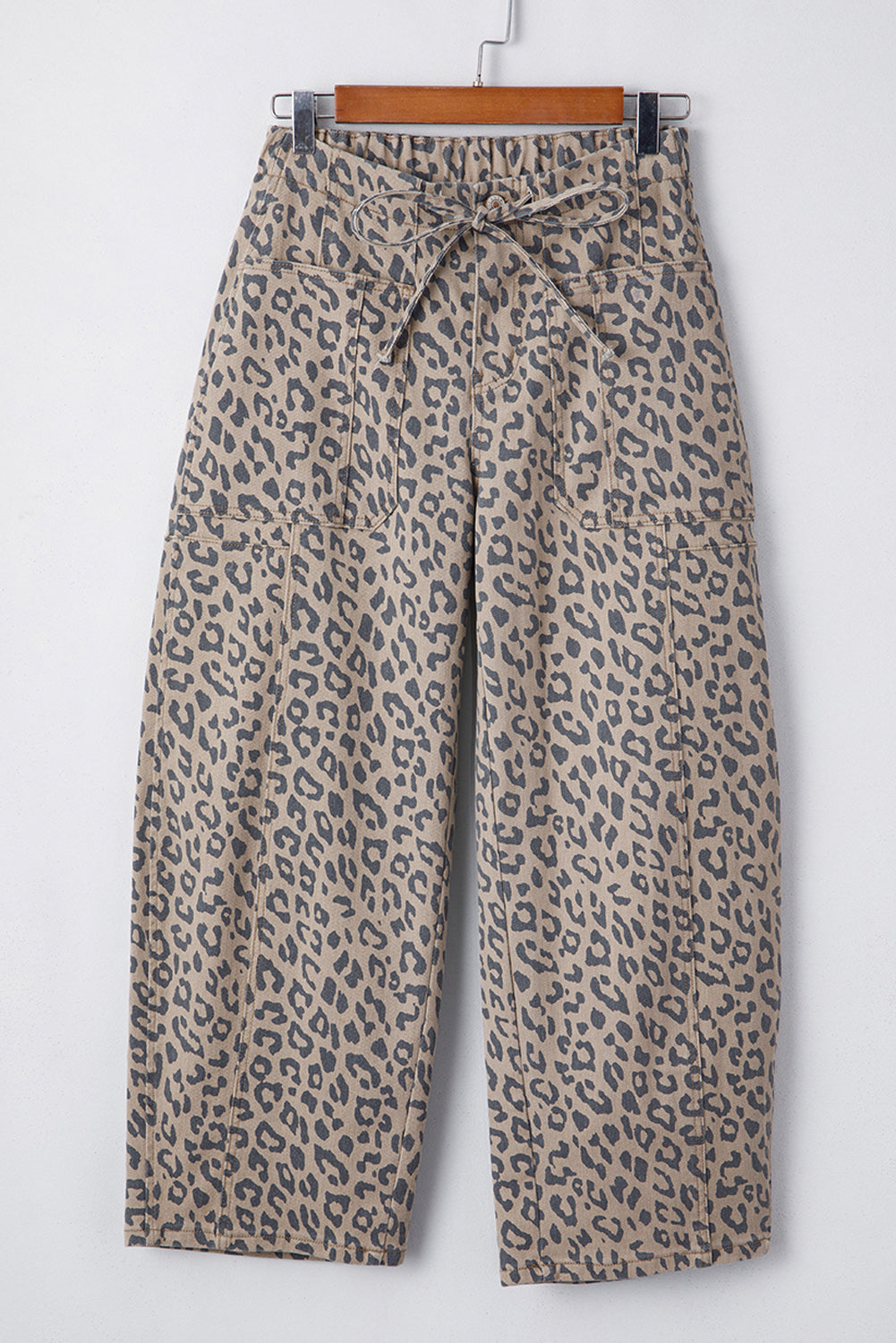 Leopard Printed Drawstring Elastic Waistband Pocketed Wide Leg Jeans - eAura