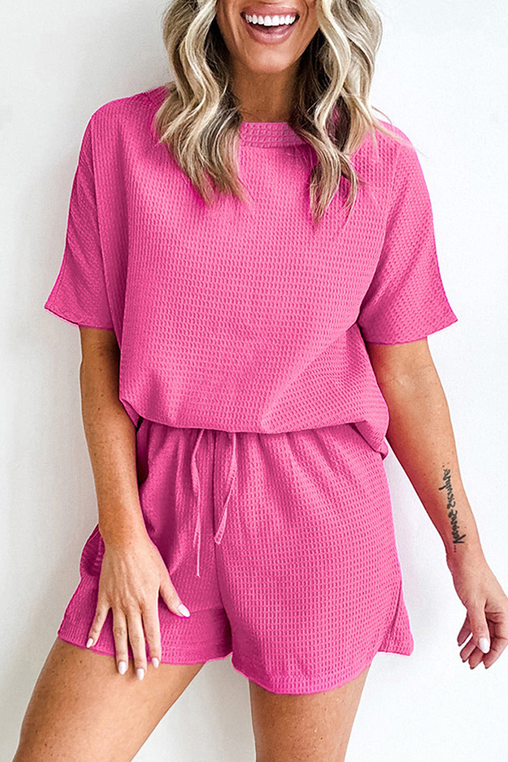Casual Textured Tee and Drawstring Shorts Set Co-ord eAura
