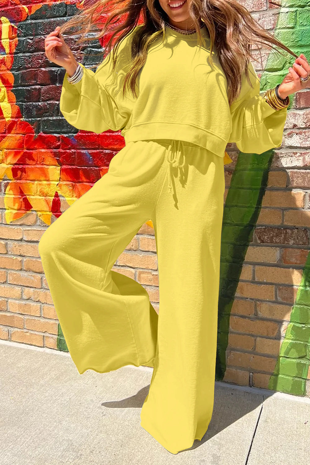 Yellow Cream Drop Shoulder Puff Sleeve Crop Pullover Drawstring Wide Leg Pants Set Dear-Lover Dropshipping