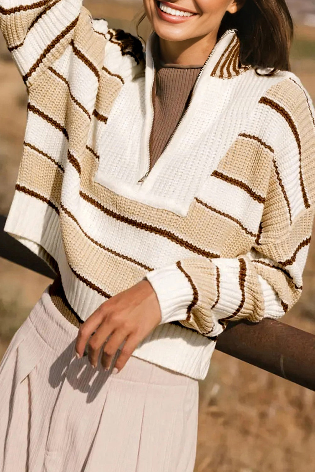 Stripe Half Zip Drop Shoulder Sweater - eAura