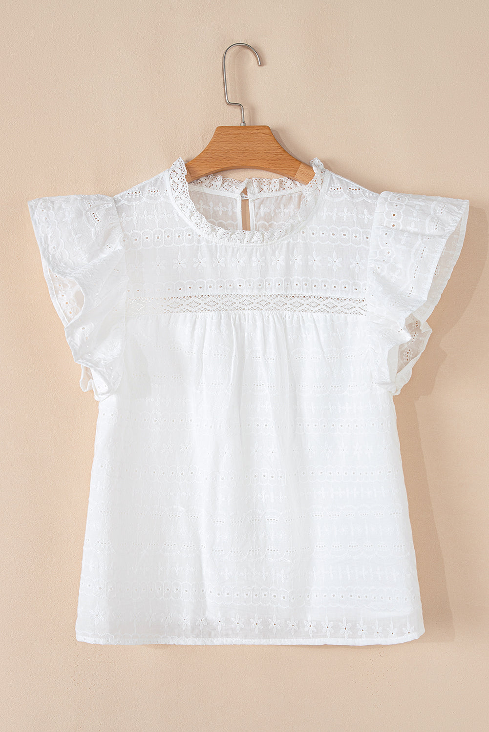 White Lace Neckline Flutter Sleeve Eyelets Blouse eAura