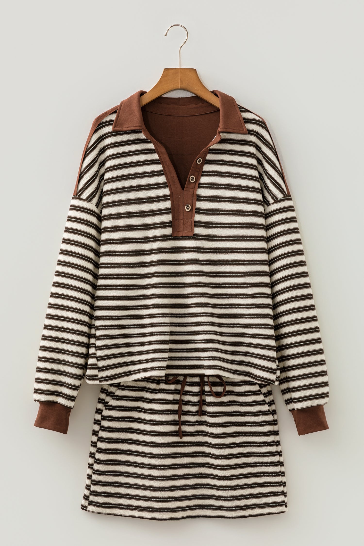 Contrast Trim Button Neck Long Sleeve Top Drawstring Mini Skirt Set – Brown Stripe