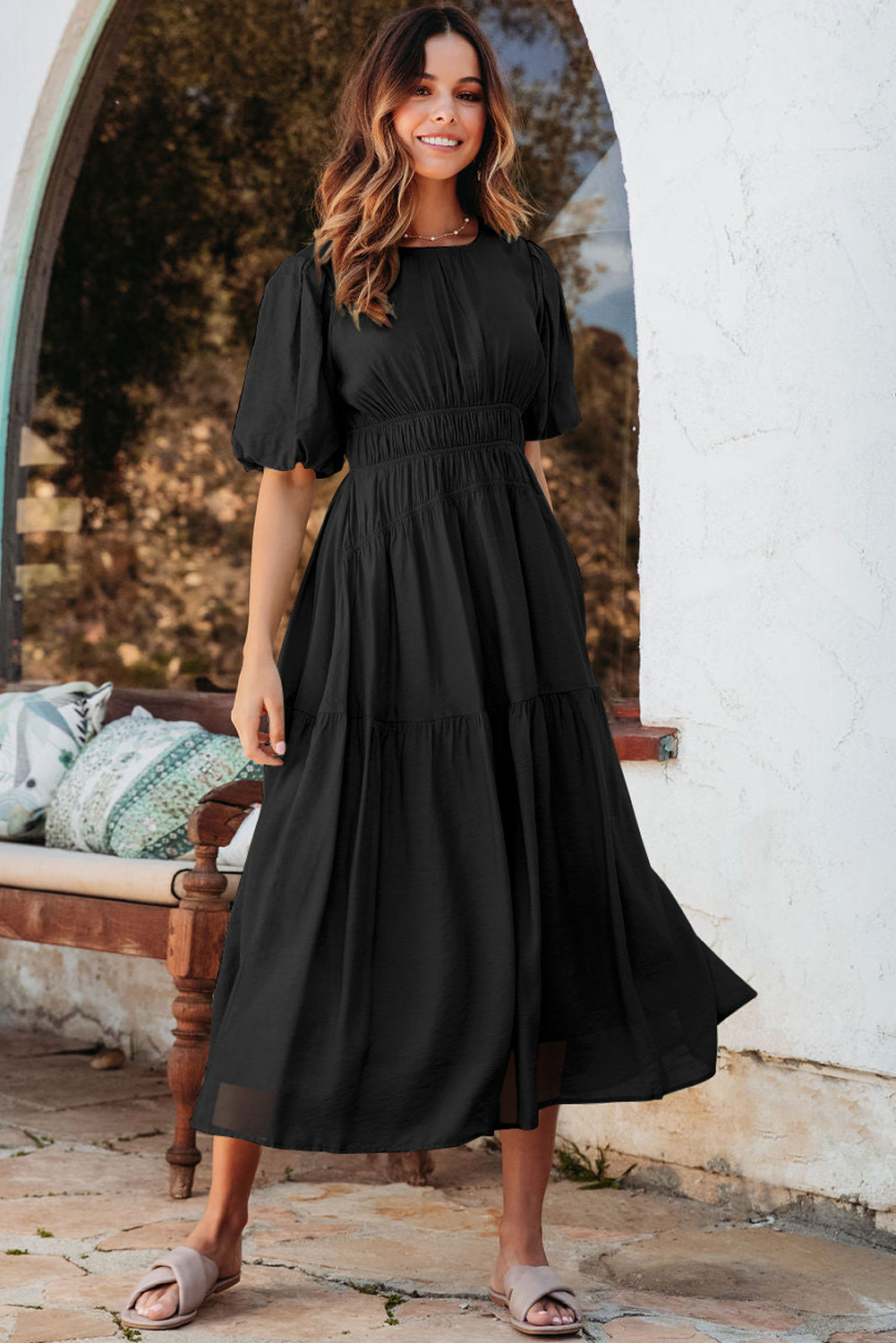 Pink Puff Sleeve Pleated High Waist Flowy Long Dress eAura