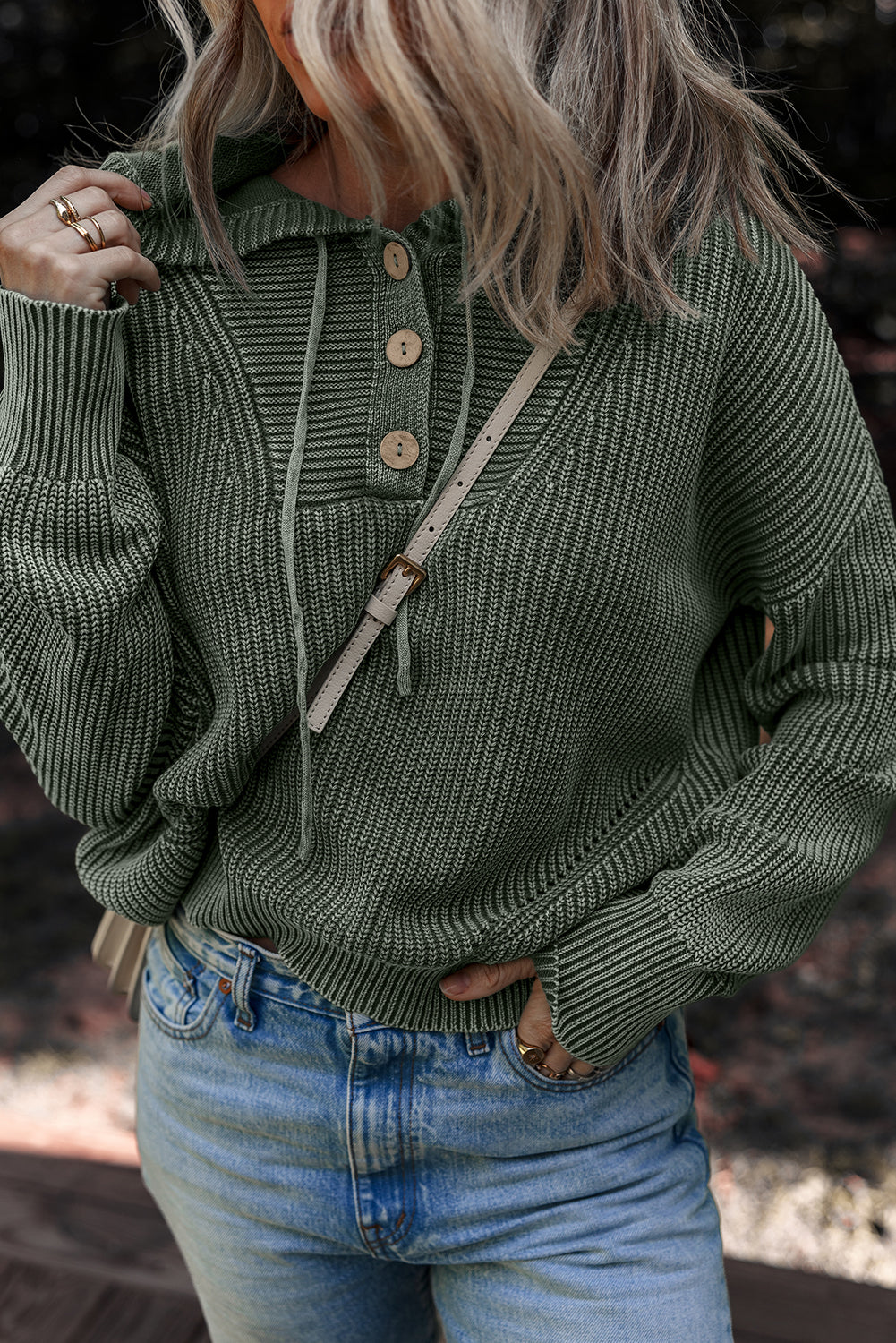 Mineral Wash Ribbed Button Drawstring Neck Hooded Sweater - eAura