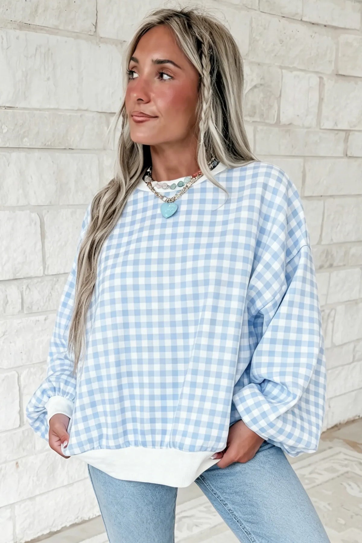Plaid Round Neck Long Sleeve Sweatshirt – Light Blue