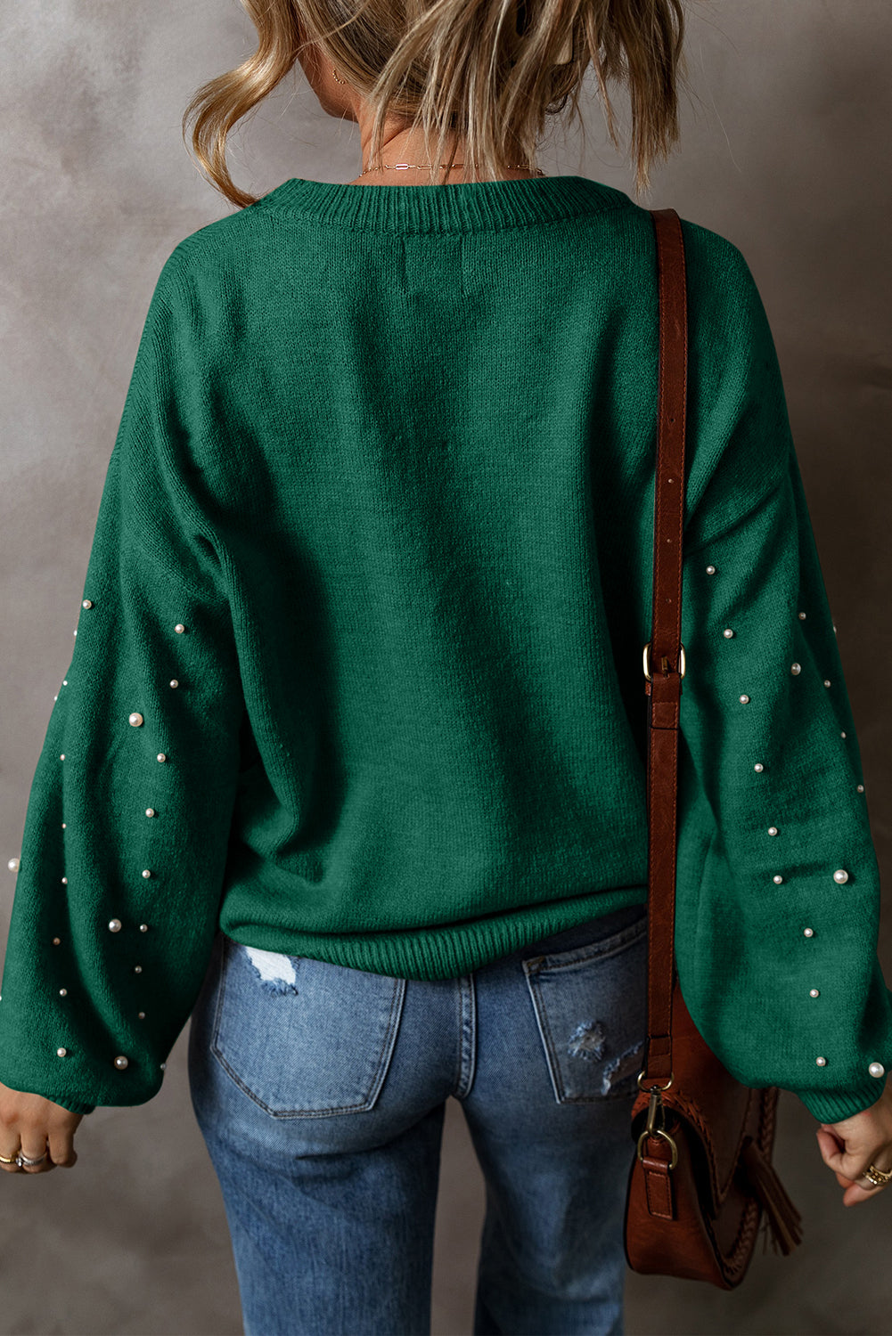 Evergreen Pearled Drop Shoulder Round Neck Sweater eAura