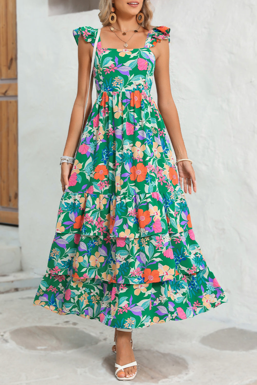 Floral Print Ruffle Sleeveless Tiered Maxi Dress
