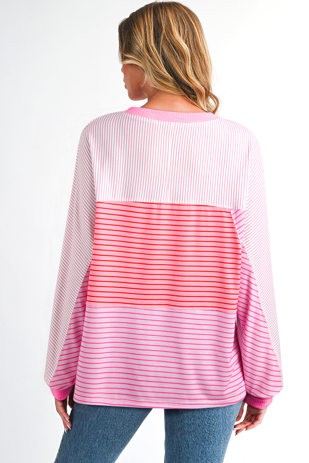 Pink Striped Exposed Seam Casual Long Sleeve Top Dear-Lover Dropshipping