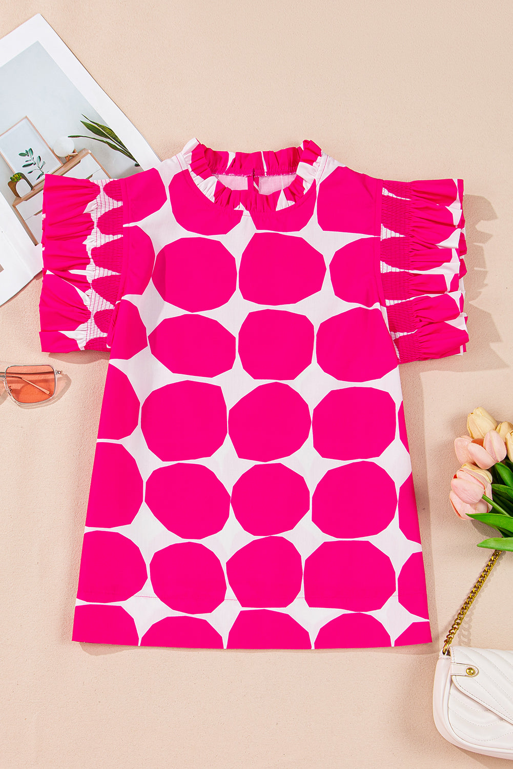 Rose Bubblegum Pattern Frilled Collar Flutter Sleeve Top eAura