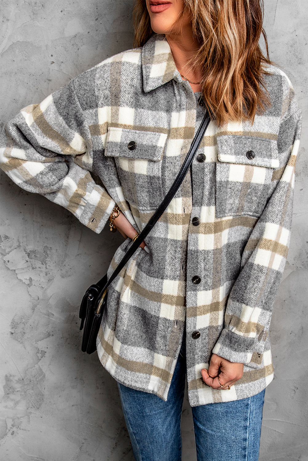 Brown Plaid Print Pocket Women Shacket eAura