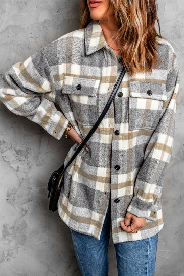 Brown Plaid Print Pocket Women Shacket eAura
