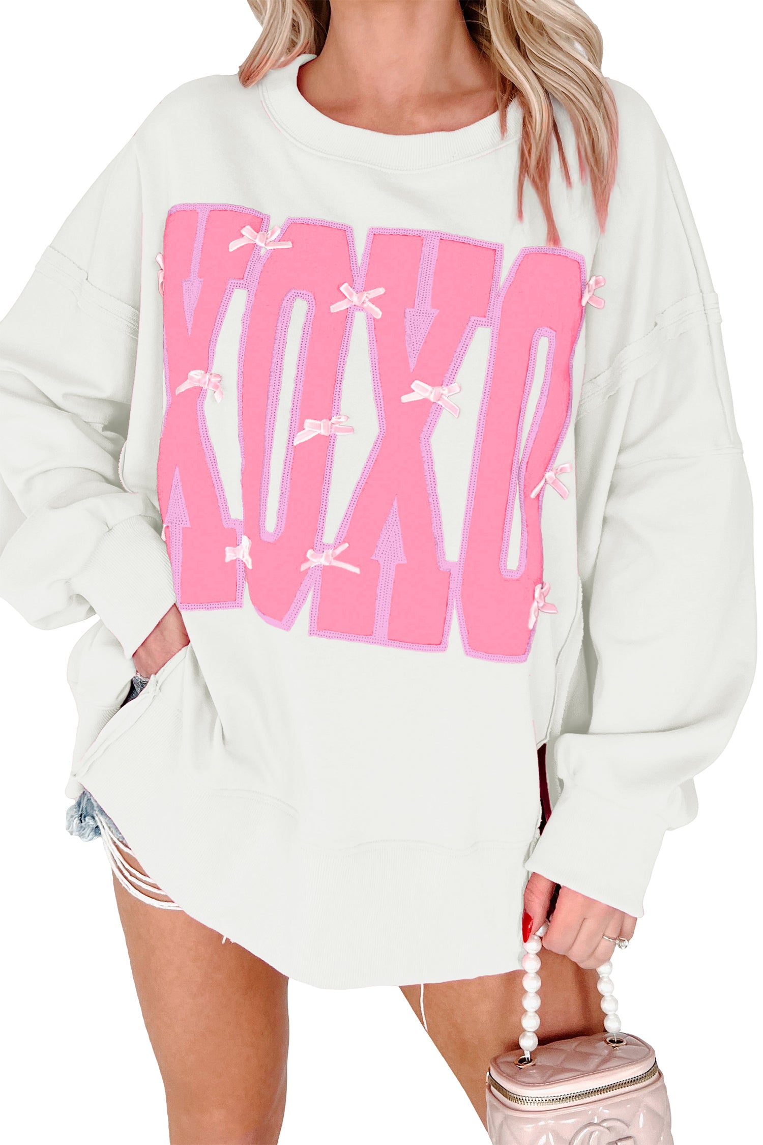 Sequin XOXO Letter Graphic Exposed Seam Oversized Sweatshirt - Tops/Sweatshirts & Hoodies