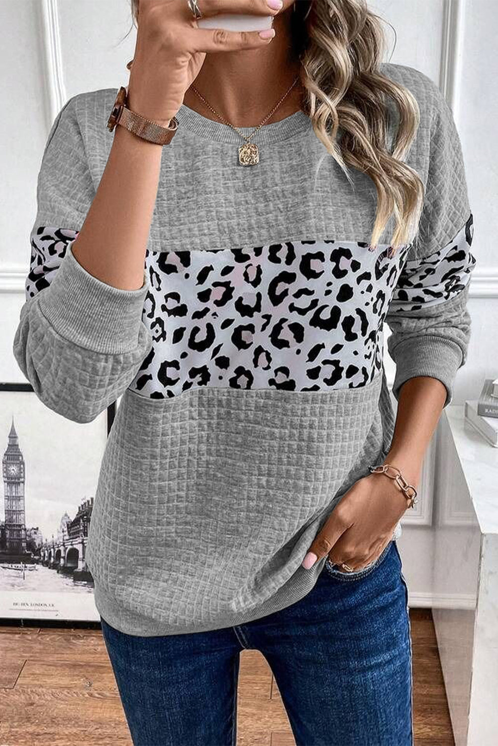Parchment Leopard Quilted Patchwork Crew Neck Sweatshirt eAura