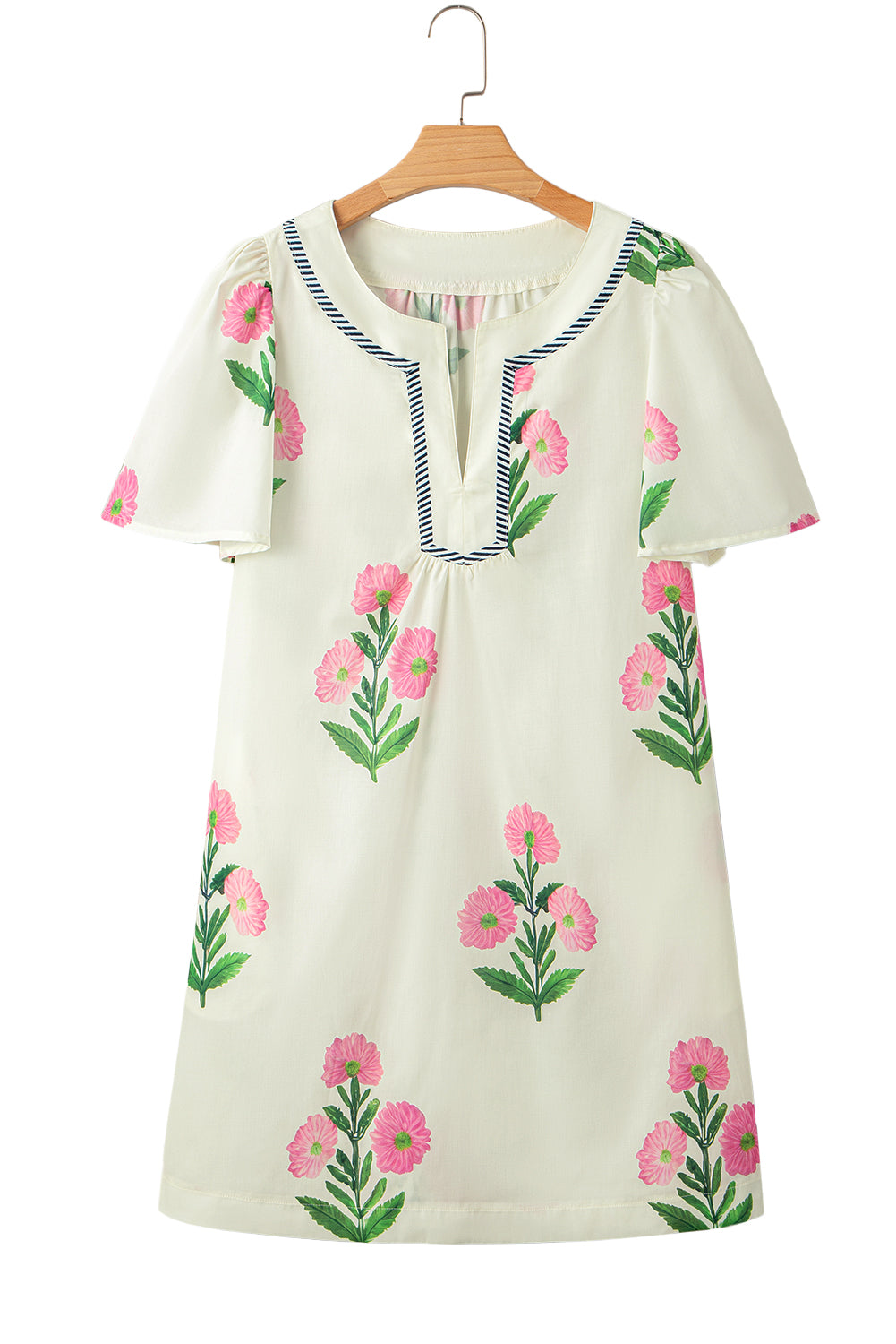 Floral Short Sleeve Split Neck Loose Mini Dress eAura