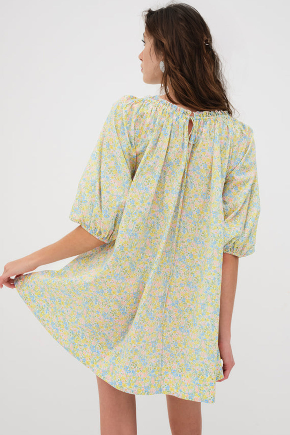 Green Floral Half Sleeve Frilled U Neck A-line Short Dress eAura