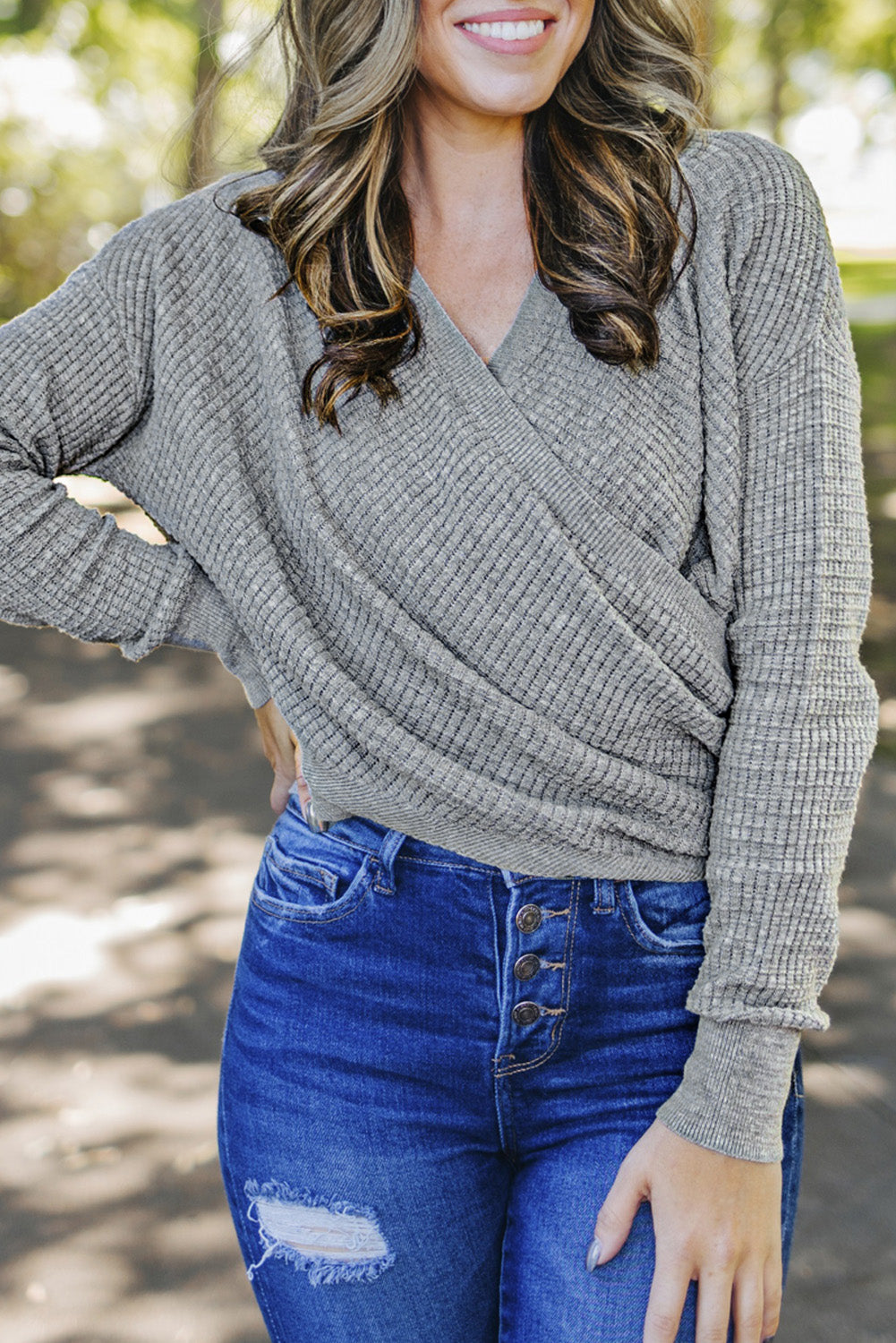 Gray Wrap V Neck Waffle Sweater BB Fashion Outlet