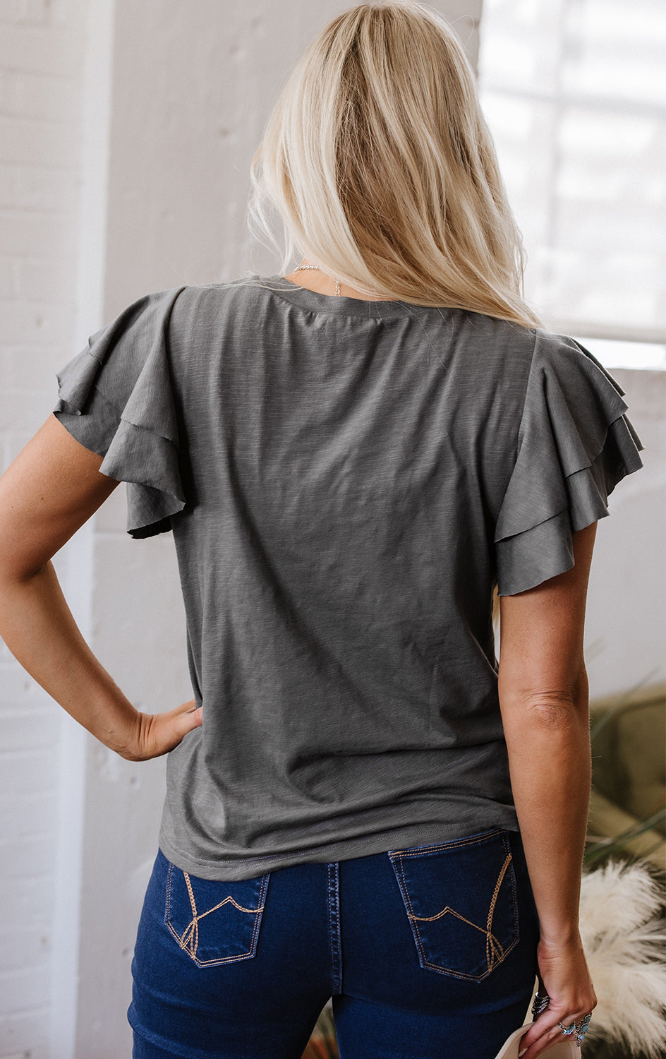 Dark Grey Layered Ruffle Short Sleeve Round Neck Top eAura
