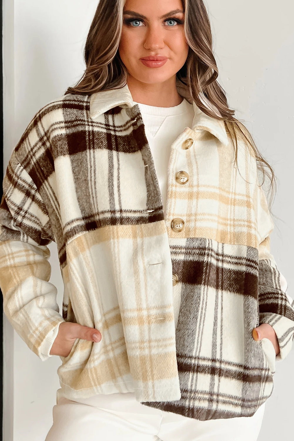 Multicolour Plaid Patchwork Side Pockets Buttoned Shacket - eAura