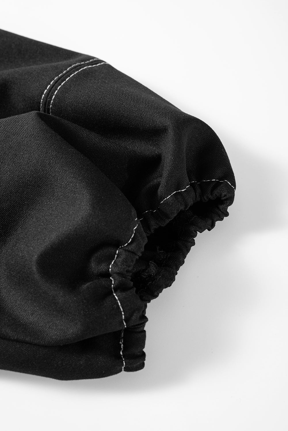Black Contrast Stitches Detail Puffy Half Sleeve Blouse - eAura