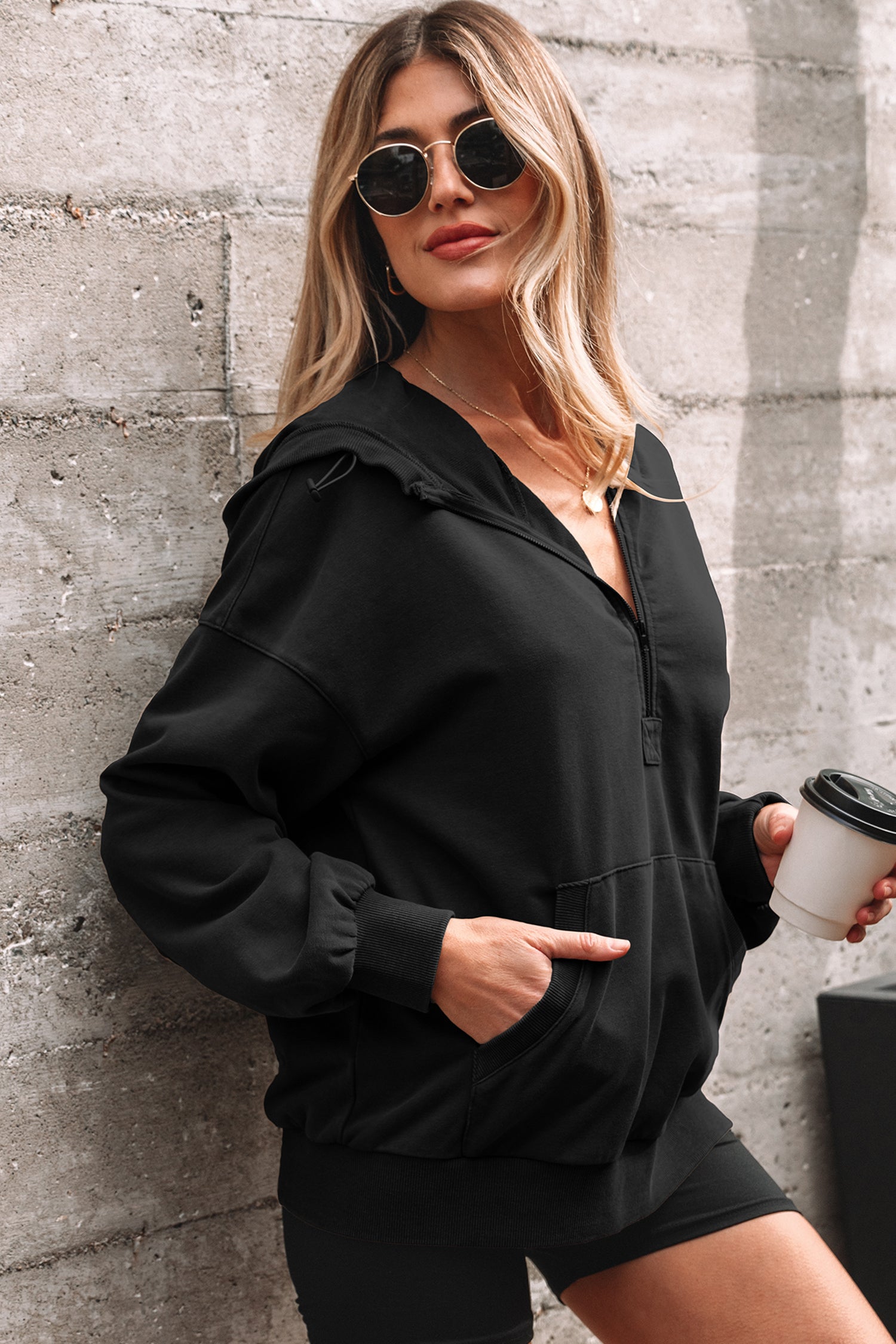Half Zip Kangaroo Pocket Mineral Wash Baggy Hoodie - Tops/Sweatshirts & Hoodies