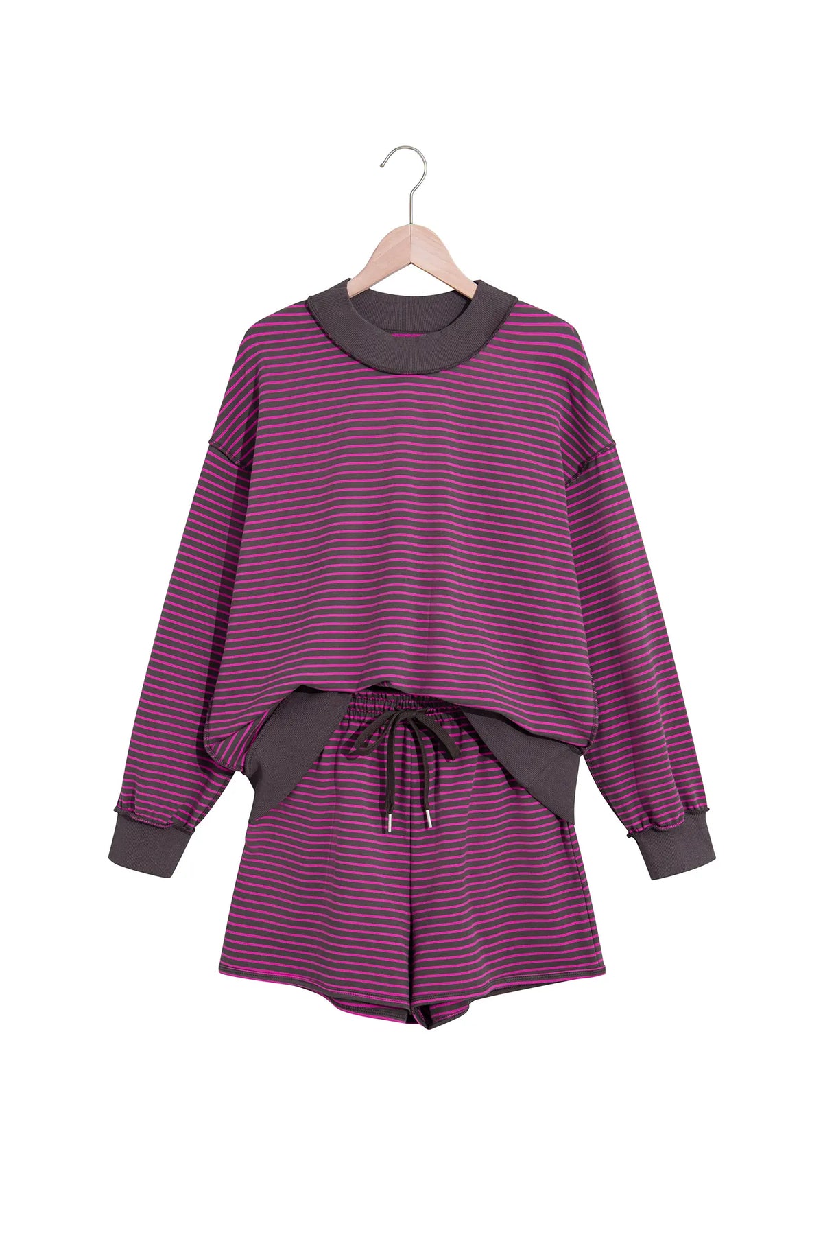 Ribbed Patchwork Mock Neck Baggy Pullover Matching Shorts Set – Blue Stripe