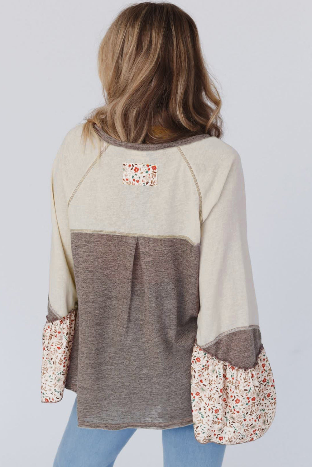 Goat Colourblock Floral Patchwork Flared Sleeve Buttons Henley Top eAura
