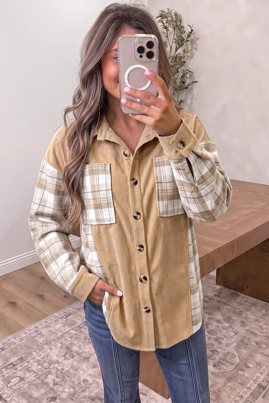 Plaid Colourblock Shirt Collar Shift Shacket – Light French Beige