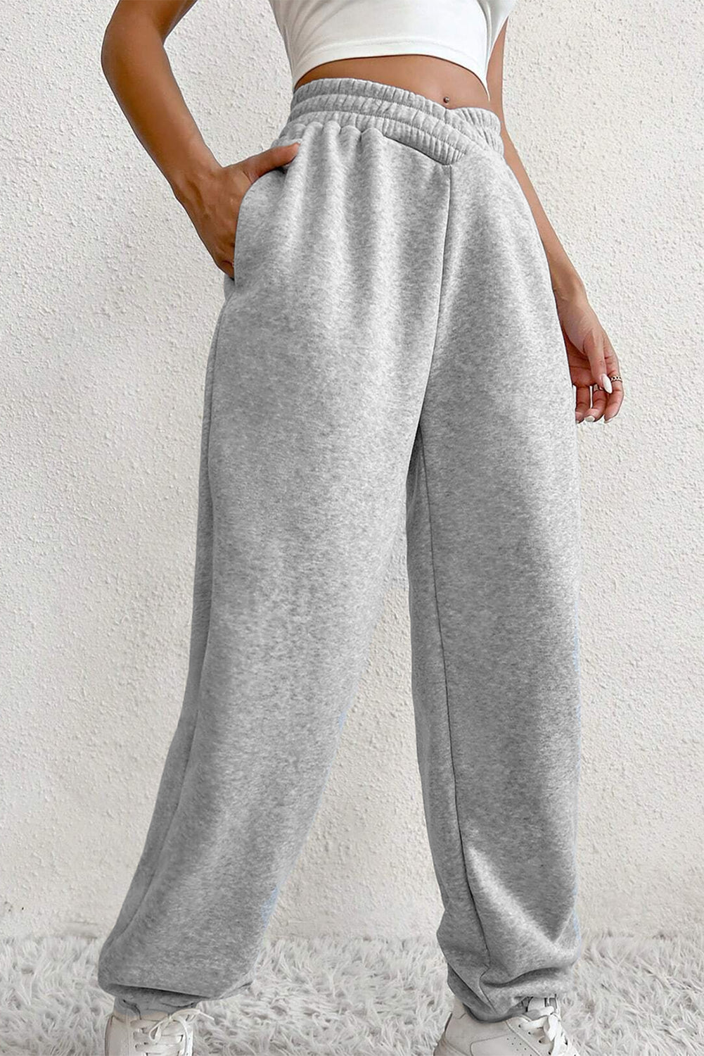 Solid Color Crisscross Elastic Waist Sweatpants – Light Grey