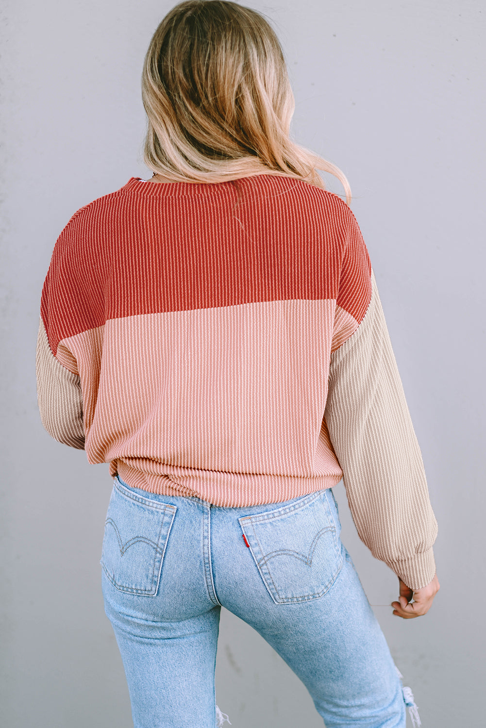 Multicolour Colour Block Long Sleeve Ribbed Loose Top eAura