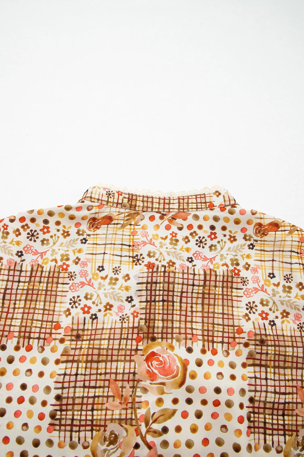 Floral Lace Trim Button Down Long Sleeve Shirt – Brown
