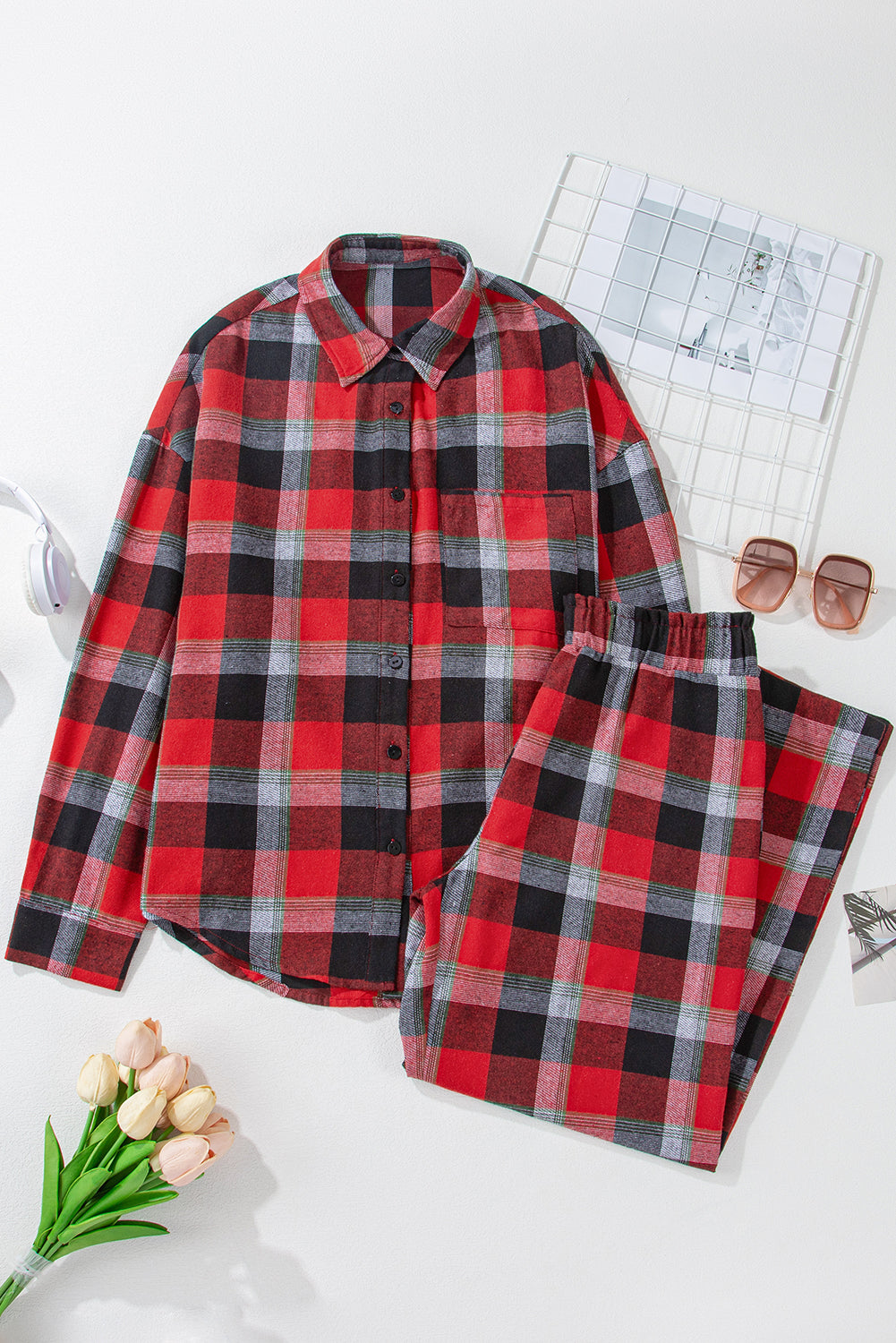 Red Christmas Checkered Pattern Loose Shirt and Pants Pyjama Set - eAura