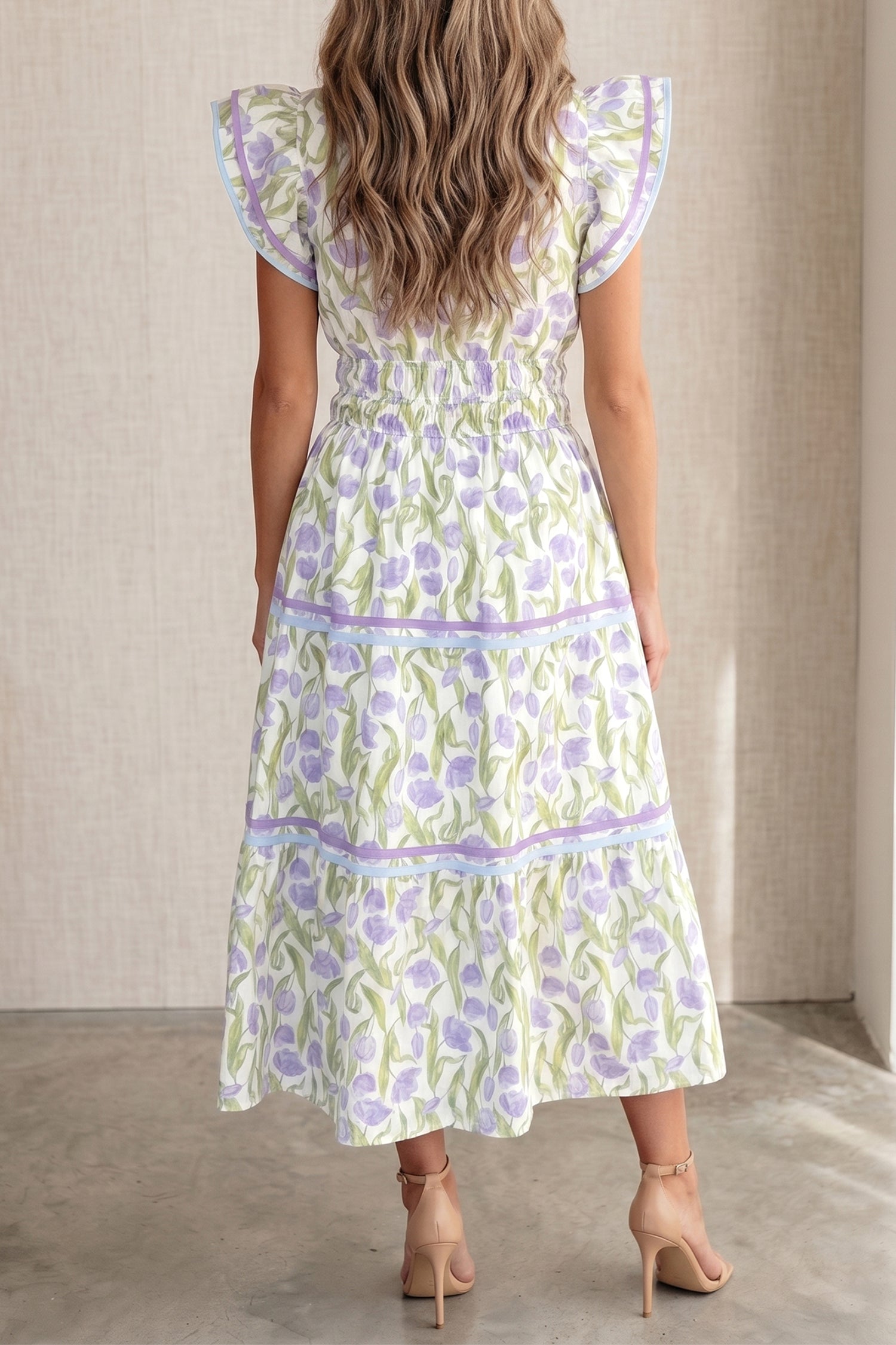 Tulip Floral Print Contrast Trim Midi Dress – Purple