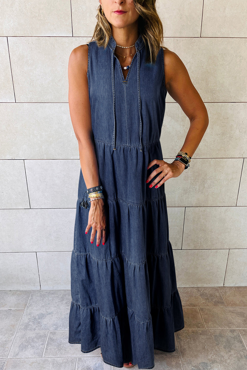 Real Teal Sleeveless Tiered Chambray Maxi Dress BB Fashion Outlet