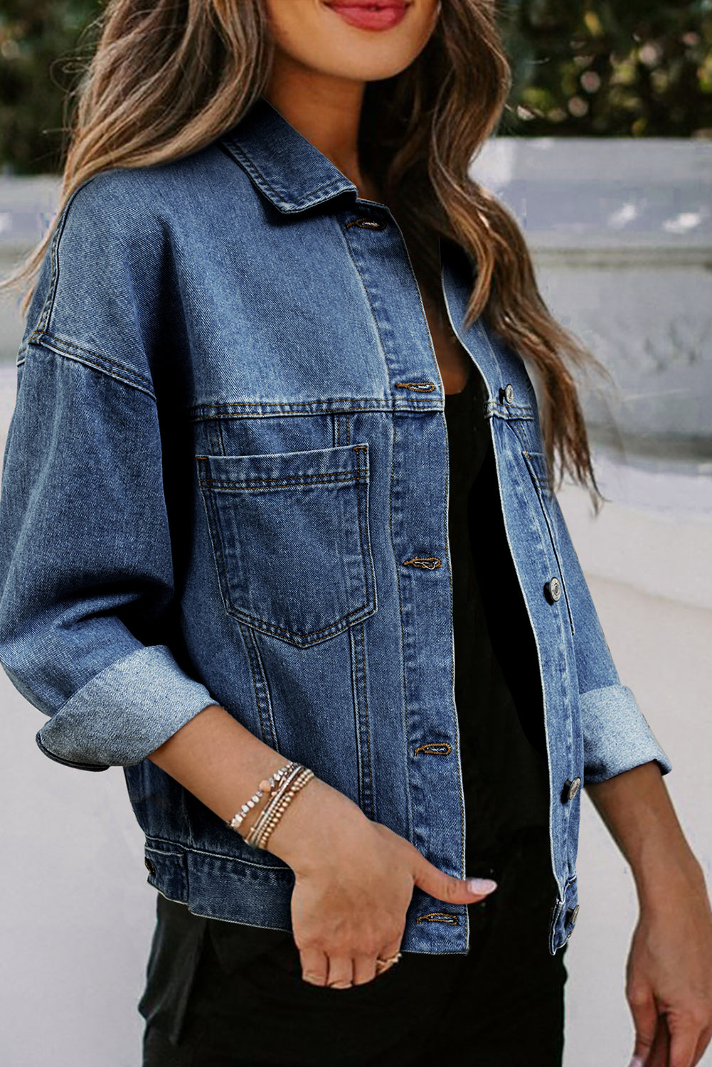 Dark Blue Washed Oversize Pocketed Denim Jacket Beagle Boutique Fashion Outlet