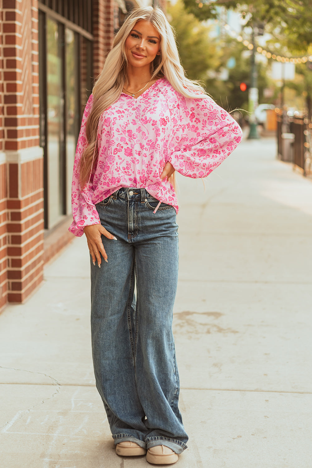 Pink Floral Puff Sleeve Split Neck Lightweight Blouse - eAura