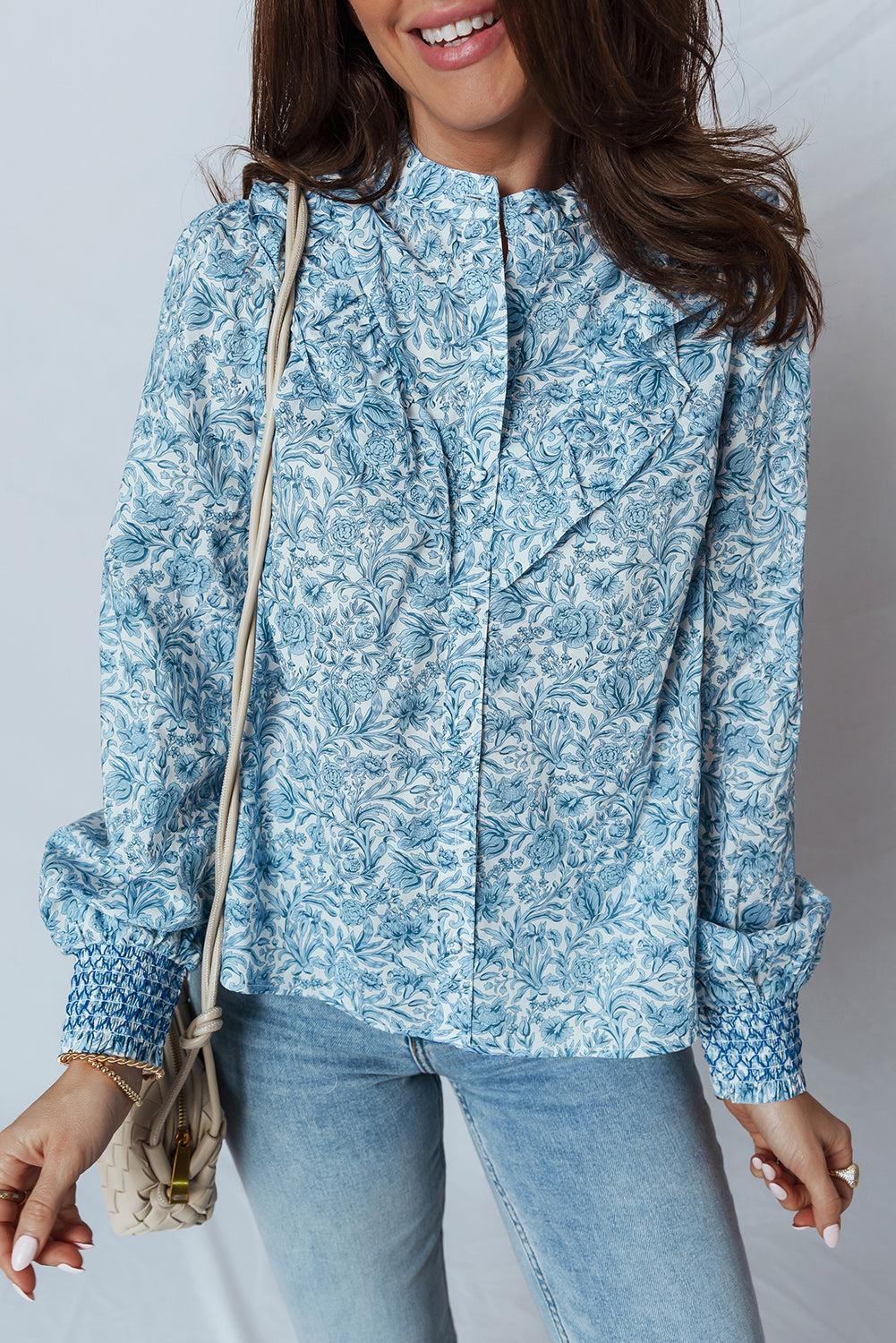 Sky Blue All Over Floral Puff Sleeve Shirt - eAura