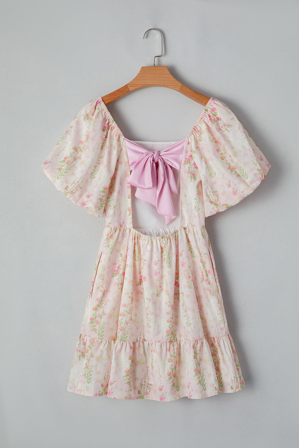 Pink Floral Puff Sleeve Square Neck Knotted Open Back Ruffled Mini Dress eAura
