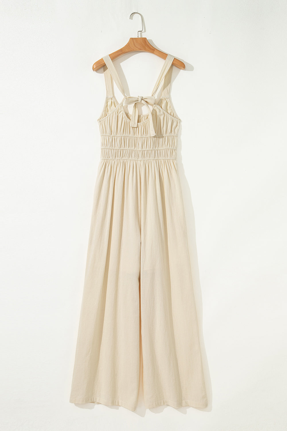 Beige Ruched High Waist Sleeveless Wide Leg Jumpsuit eAura