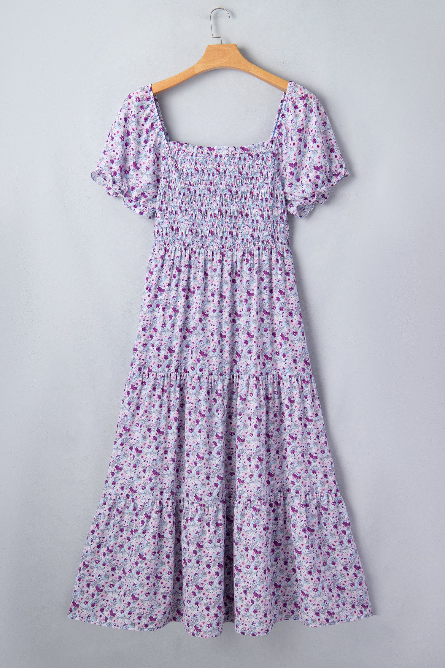 Plus Size Floral Print Square Neck Smocked Maxi Dress – Purple