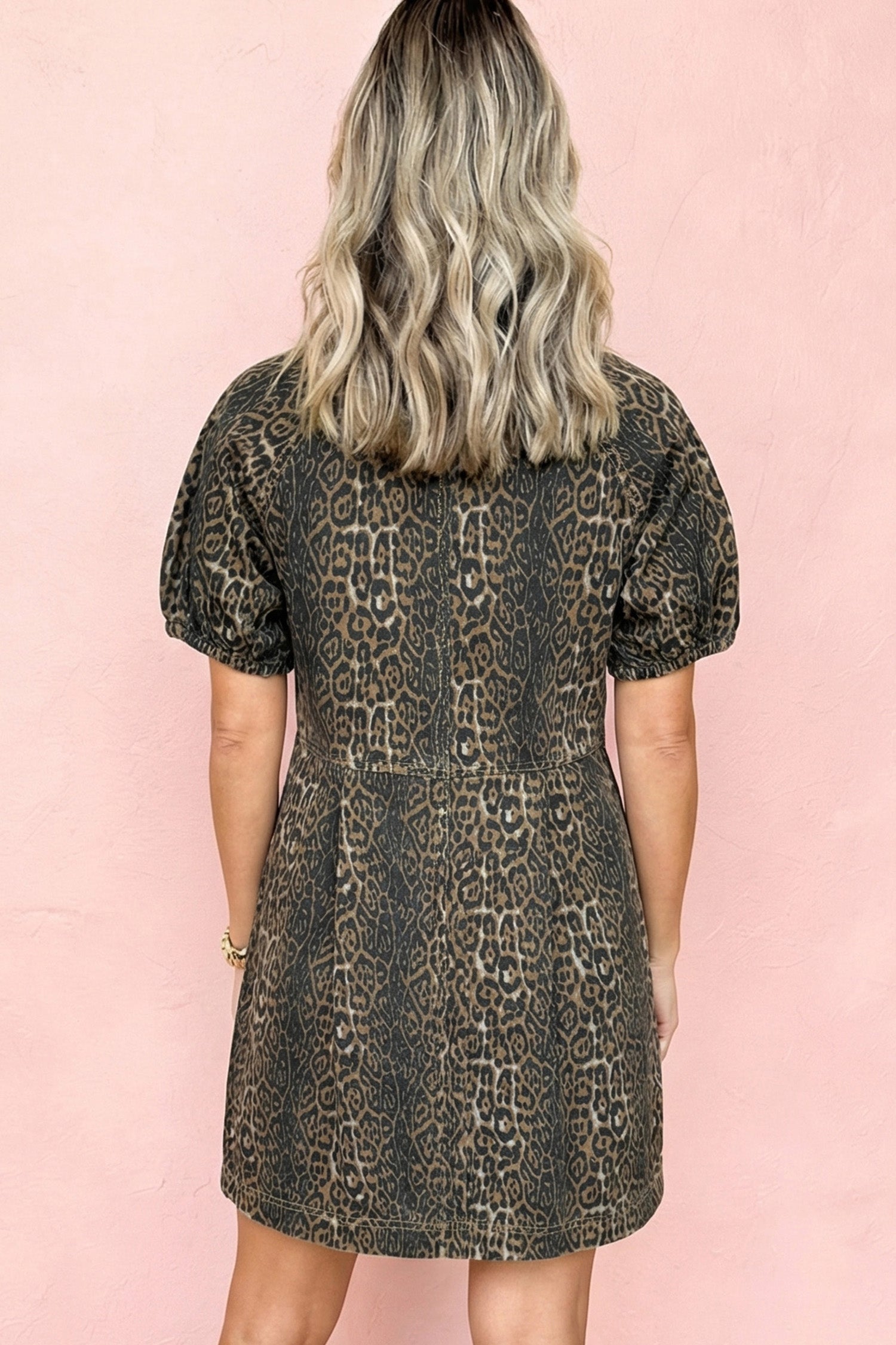 Leopard Print Puff Sleeve Pleated Denim Mini Dress