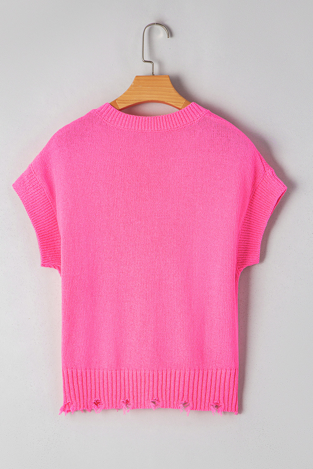 Bright Pink Distressed Hem Short Sleeve Knitted Button Front Sweater eAura
