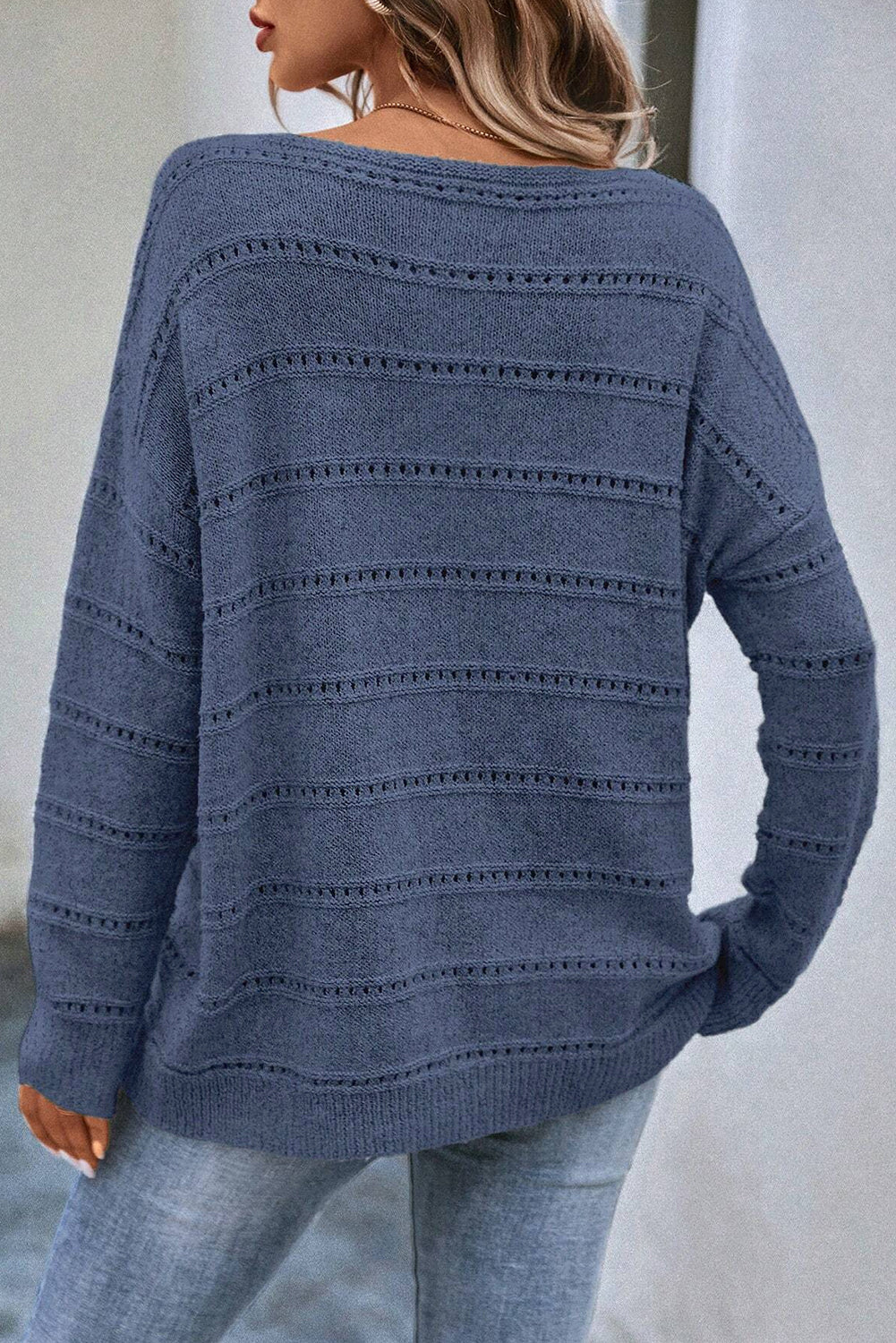 Pale Khaki Boat Neck Drop Shoulder Pointelle Knit Sweater eAura