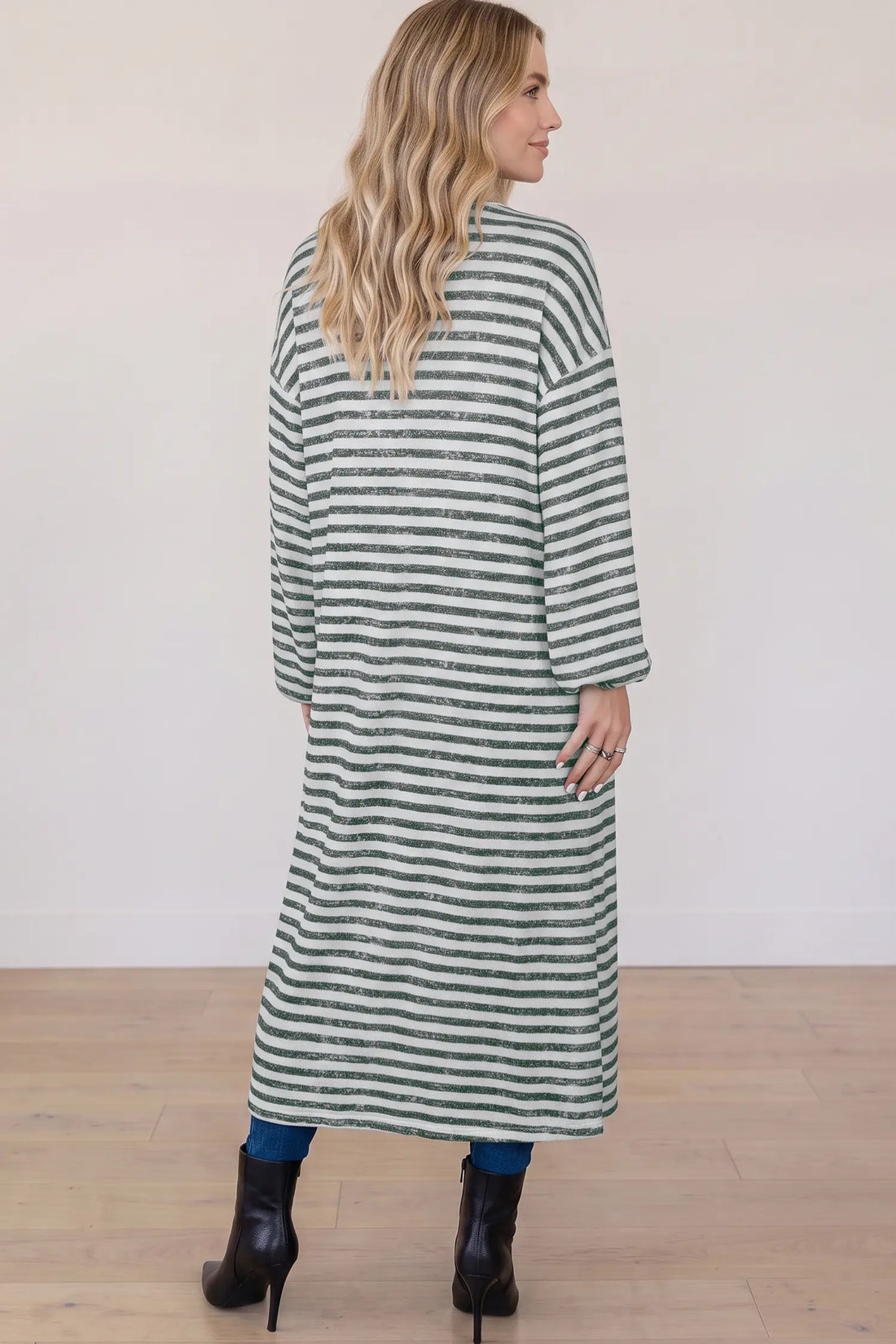 Long Puff Sleeve Open Front Oversized Long Cardigan – Khaki Stripe